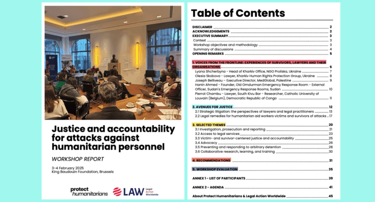Out now: Protect Humanitarians and Legal Action Worldwide’s report on “Justice and accountability for attacks against humanitarian personnel”